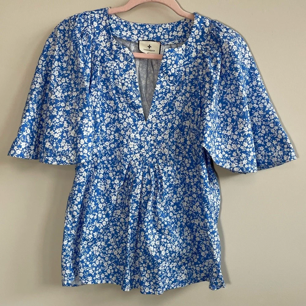 Tuckernuck Blue Floral Split-Neck Blouse - Picture 5 of 15